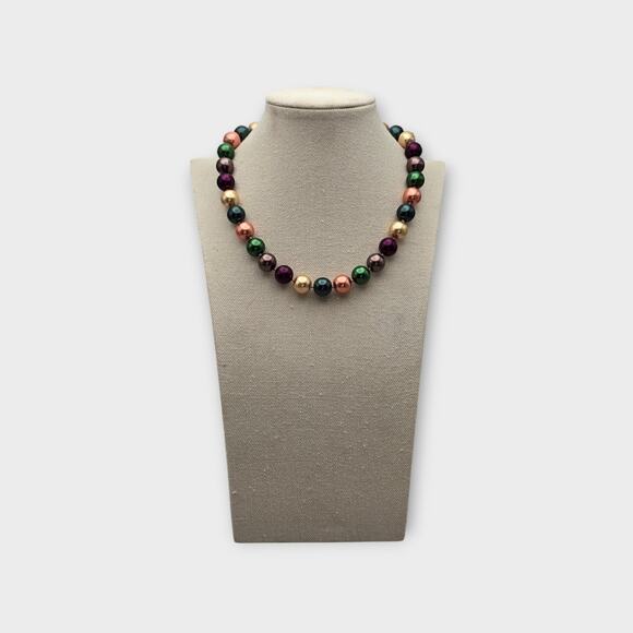 Red Gold Champagne Multi Color Pearl Beaded Statement Necklace Y2K Holiday Glam - Picture 3 of 8